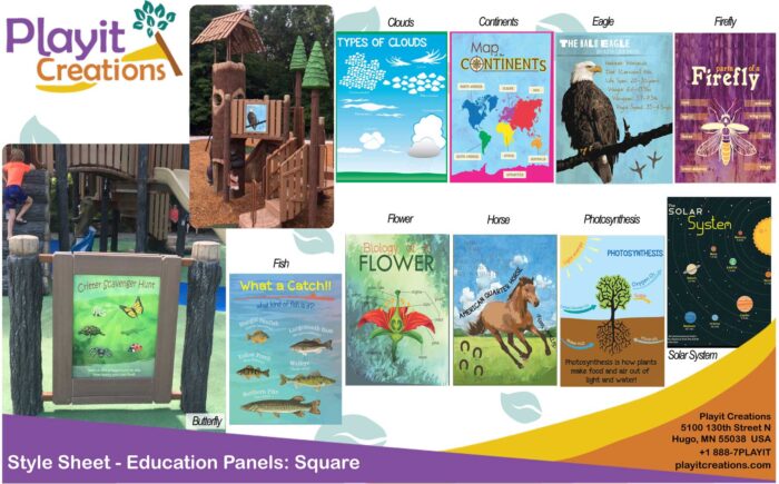 Square education panels that can be added to TreeLine Play Structures or stand-alone on attached tree post