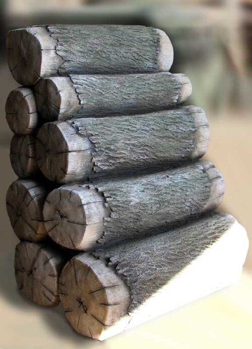 A stack of wood logs acts laying horizontally to create steps/climber to access playground deck