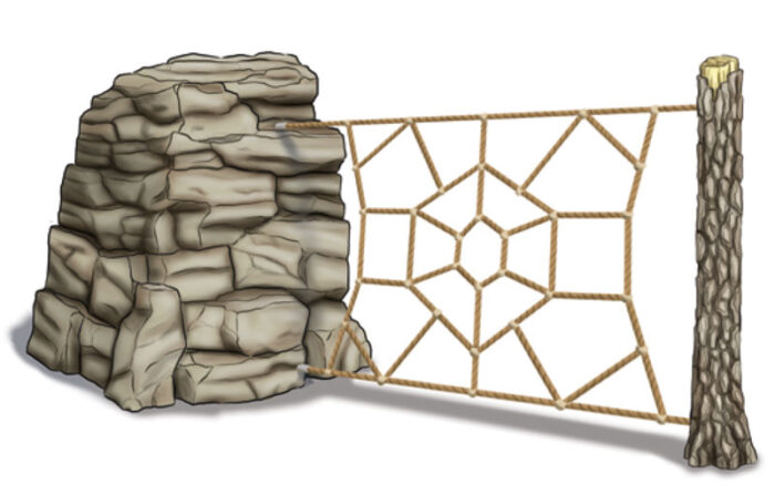 Illustration of Boulder Path 3 showing large rock connected to web net and tree trunk post.