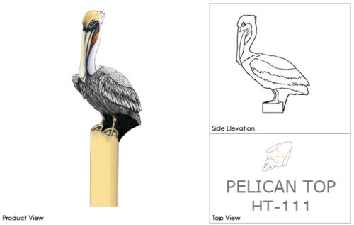 Illustration and dimensions of pelican topper to be used on posts in a playground as part of a theme.