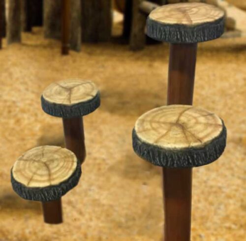 Log Slice Steppers used to create paths or access playground structures. Circular in shape and raised on metal tube, these realistic look log chips can add to any nature themed park
