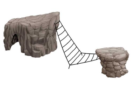 Artist rendering of CR-213 play structure consisting of two rocks with a net between the two that runs vertical and horizontal.