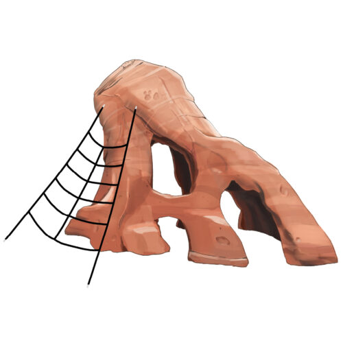 Eroded Rock climber is a play structure that looks like a realistic rock with weathering and holes in the surface., The rock also has a net connected to it to assist in climbing the rock.