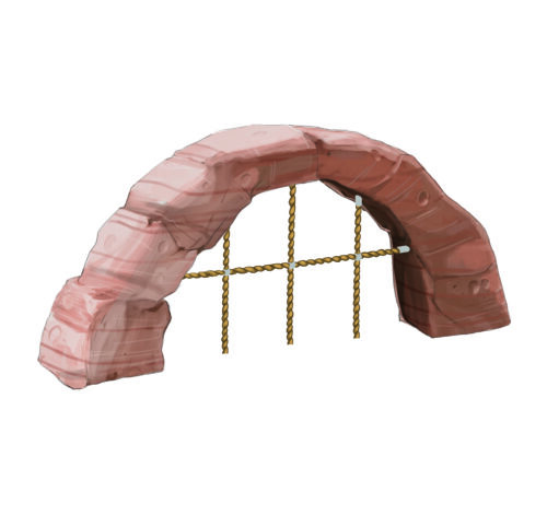 CR-216 is a small stone arch play structure that includes a grid net under the arch.