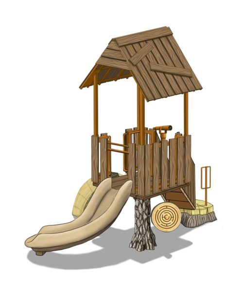 TL-115 play structure with roof, finger maze, telescope, slice climber, and slide