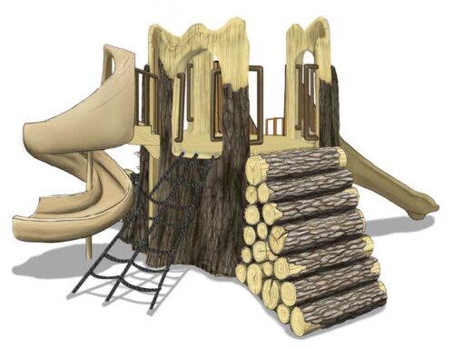 TL-111 is a play structure that is shaped like a tree stump that is cut and open on the top with slides, nets and climbers.