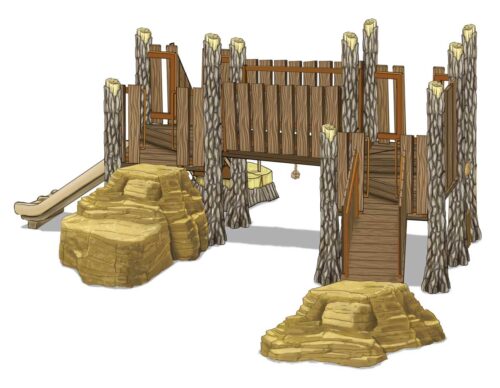 TL-112 is a play structure that is part of the TreeLine series made up of log posts, plank decks, and rock access points.