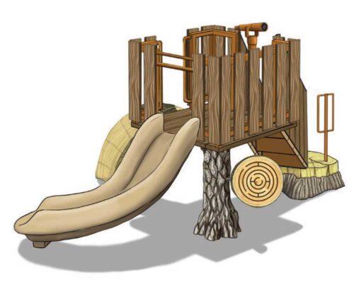 TL-115 is a play deck that includes a finger maze, slide, and tree slice climber