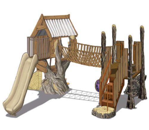 TL-117 is a TreeLine play deck series that includes a tree tower with fungus climbers connected to a deck with a v-rope bridge