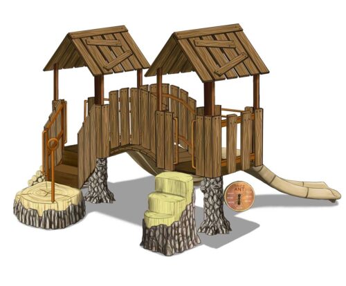 TL-125 consists of two single post treehouses joined by an arch bridge with slides, climbers, educational panels, and roofs