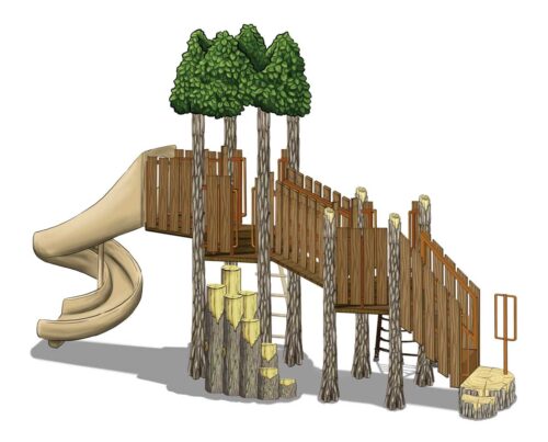 TL-129 play structure that is nature themed and made up of multiple decks with tree trunk posts, spiral slide, nets, and climbers.