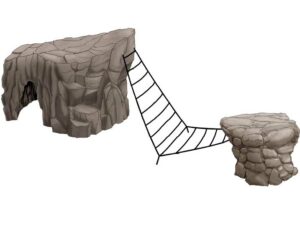 Artist rendering of CR-213 play structure consisting of two rocks with a net between the two that runs vertical and horizontal.