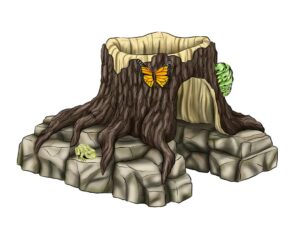 Mulberry Root Crawl Tunnel consists of a tree stump that has a crawl tunnel through it with realistic looking rocks and roots on either side.