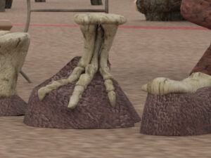 Realistic looking dinosaur fossils on a playground that are used as a path that kids can hop from