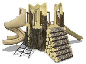 TL-111 is a play structure that is shaped like a tree stump that is cut and open on the top with slides