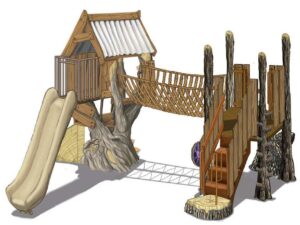 TL-117 is a TreeLine play deck series that includes a tree tower with fungus climbers connected to a deck with a v-rope bridge