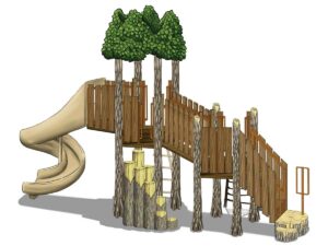 TL-129 play structure that is nature themed and made up of multiple decks with tree trunk posts